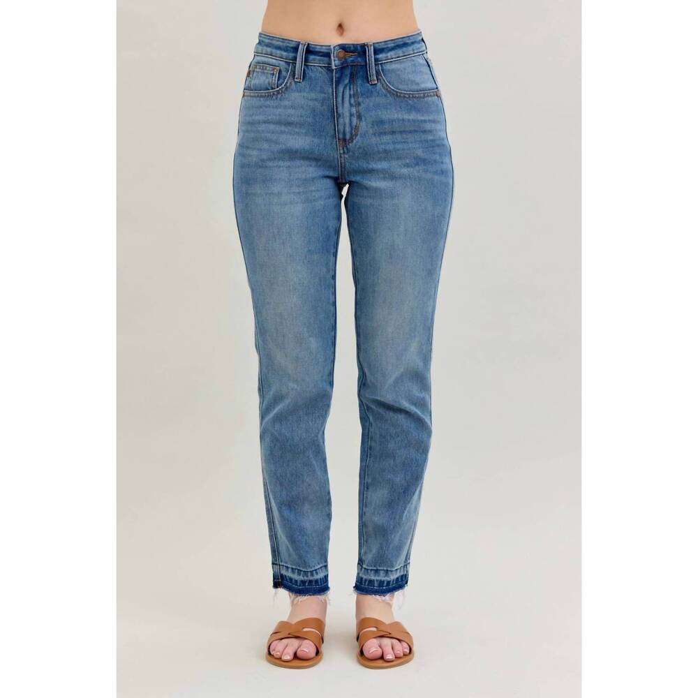 NEW JUDY BLUE rigid magic release hem boyfriend jeans in medium denim